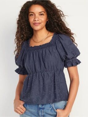 Old Navy Navy Smocked Square-Neck Eyelet Peasant Top